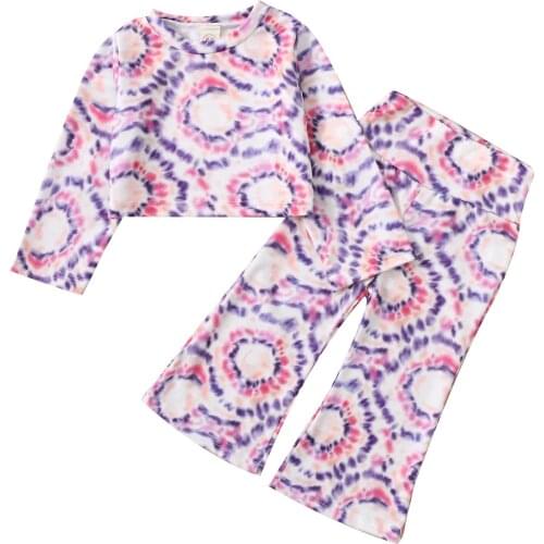 2 Pcs Infant Tie-dye Print Outfits, Baby Girls Long Sleeve Round Neck T-shirt + Flared Pants 1-5T