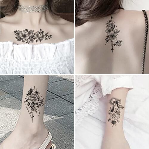 15pcs Flower Tattoos Sticker Temporary Tattoos For Women Body Art Painting Realistic Fake Tattoos Rose Peony Black Small