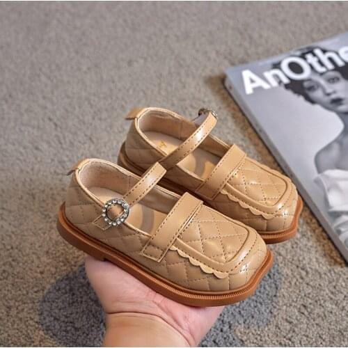 Girls Flats Children Dress Shoes Kids Leather Shoes for Little Girl Soft Princess Rhinestone Buckle Princess Soft Square Toes