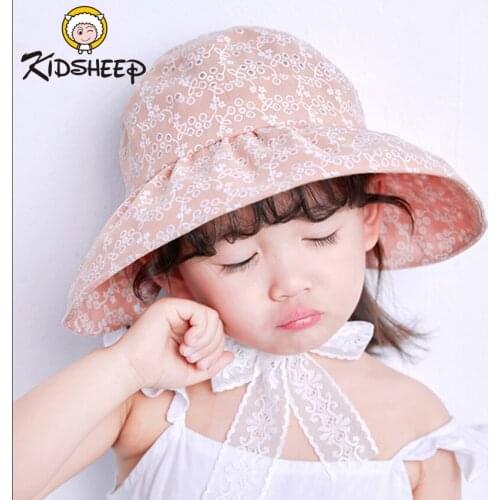 Kidsheep Hollow Children Hat Cap Summer Flower Princess Lace Baby Girl Hat Beach Caps Kids Bucket Hats with Lace Chin Strap