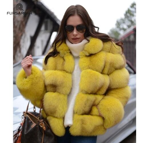 FURSARCAR Whole Skin Yellow Fox Fur Coat With Fur Collar Women Natural Real Fox Fur Jacket Luxury Winter Warm Thick Outerwear