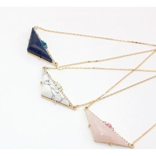 FYJS Unique Light Yellow Gold Color Alloy Geometric Rose Pink Quartz Pendant Link Chain Necklace Lapis Lazuli Jewelry