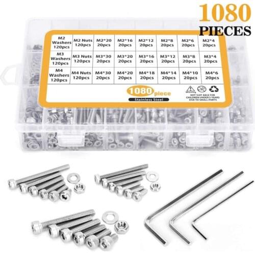 1080Pcs Stainless Steel Fastener Hardware M2/M3/M4 Hexagon Socket Head Cap Screws Flat Washer with 3PCS Nuts Wrench Kit