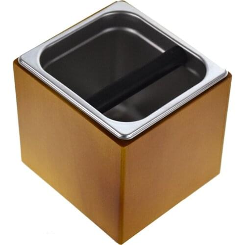 Stainless Steel Espresso Square Knock Box Coffee Grounds Container for Barista with Silicone Rod Cover and Wooden Box