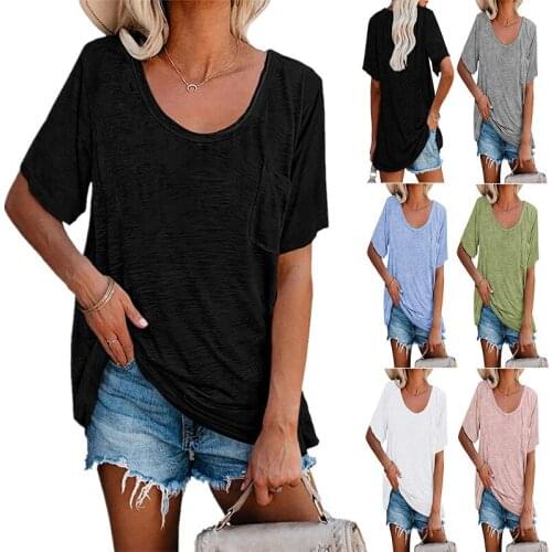 Summer Solid T Shirt Women Sexy Round Neck Short Sleeve Tshirt Casual Loose Basic Black White T-Shirt Tee Tops Plus Size S-3XL
