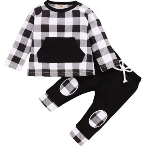 Autumn Cute Clothing Newborn Baby Fashion 2-piece Outfit Set Long Sleeve Plaid Shirts Top and Pants Patchwork Set For Baby 0-3Y