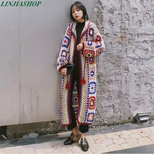 2019 new fashion pure handmade knitted winter sweater coat patchwork open stitch long sleeve high quality autumn sweaters