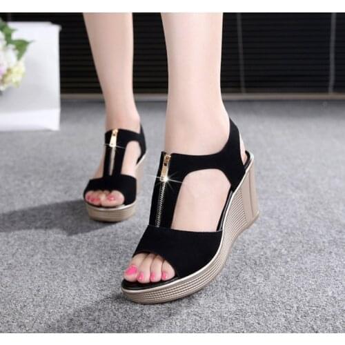 SLYXSH Women Sandals Summer Wedge Sandals 2019 New Open Toe Woman Shoes Zip Cow Leather Ladies Sandals Large Size 43