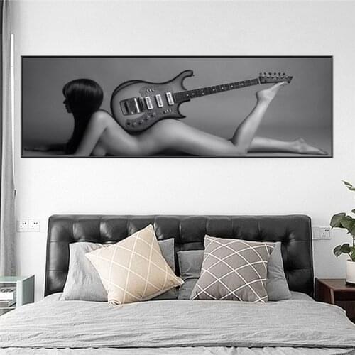 Gray Sexy Nude Woman with Guitar Canvas Painting Posters and Prints Wall Art Modern Naked Girl Picture Home Decoration No Frame