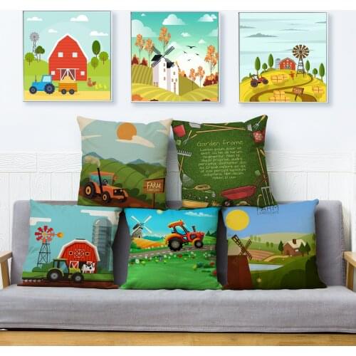 Modern Home Decor Cushion Cover Cartoon Farm Pasture Print Pillowcase 45*45 Square Pillow Covers Beige Linen Throw Pillowcase
