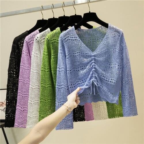 Spring Short Cut Hollow Silk Hedging Knitting Sweater Womens 2021 New Fashion Loose Thin All-Match Long Sleeve Top Female A717