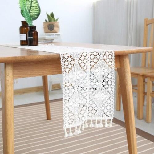 Vintage Lace Cotton Table Runner with Tassel Beige Color Embroidery Placemat Home Restaurant Wedding Table Decoration Cloth