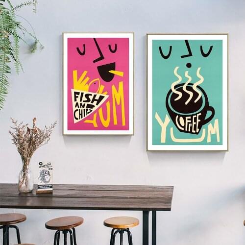 Funny Cartoon Food Ramen Posters Print Yum Coffee Fish And Chips Canvas Painting Club Bar Shop Kitchen Wall Decoration Pictures