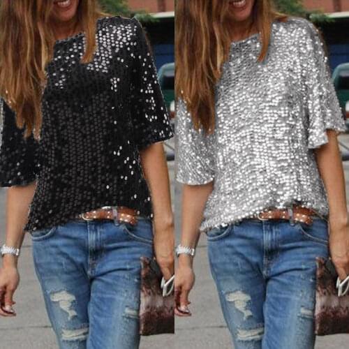 Womens Blouse Half Sleevele Parkle Glitter Solid Loose Crop Tops Summer Sequined Pullover Tops Blouse Casule Blouse Womens 2019