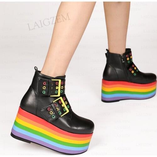 LAIGZEM Women Ankle Boots Real Leather Rainbow 8.5CM Platform Heels Boots Colorful Height Increase Shoes Woman Size 35 39 40 43
