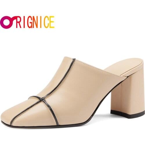 Orignice 2021 New Arrival Women Mules Full Genuine Leather Fashion Simple Casual Thick Heels Square Toe Dress Shoes Big Size 43