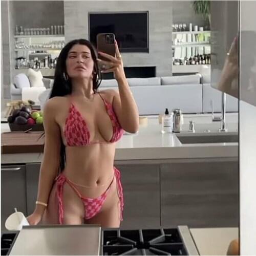 Women Sexy Lace-up Swimwear Handmade Crochet Checker Bathingsuit Adjustable Cup Bikini Sets