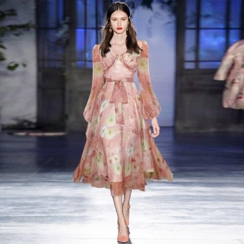 Runway Autumn Womens Lantern Sleeve Belted Print Chiffon Holiday Midi Dress 210818MXz061