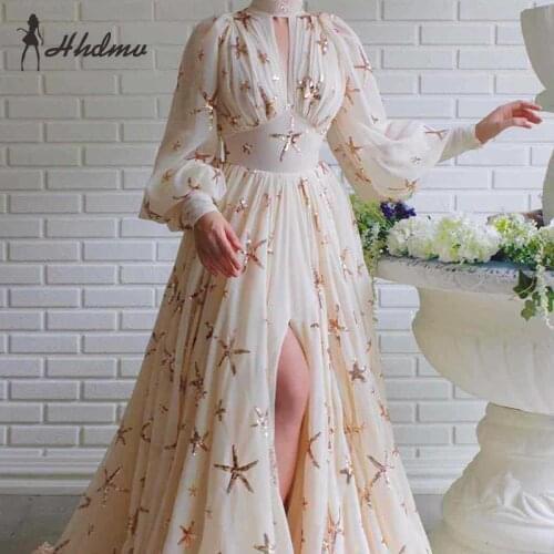 2020 Hot High-end Heavy Industry Sequined Sexy Elegant Hollow out Full Sleeve Georgette High Waist Women Ball Gown Maxi Dress
