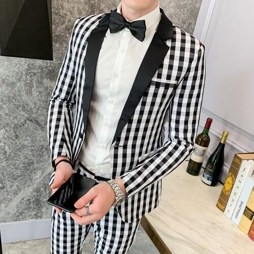2021 Men plaid Blazer Pants Vest Business Mens Wedding Suit Jacket Coat Trousers Waistcoat High Quality Slim Dress Set S-2XL