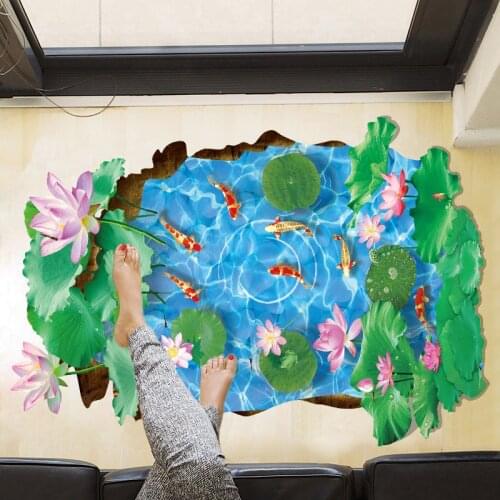 3D Effect Lotus Pond Koi Fish Scenery Wall Stickers Bedroom Living Room Kitchen Bathroom Background Decoration Floor Decals