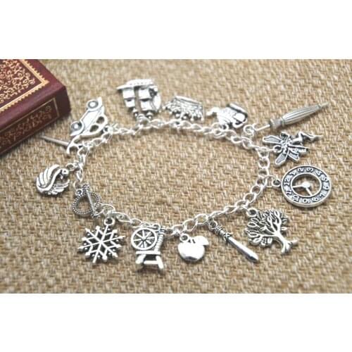 12pcs Once Upon A Time inspired bracelet Crown Swan Teapot Jiminy Crickets umbrella Fairy charm bracelet