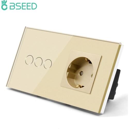 BSEED EU Standard 3Gang Light Touch Switch Wall Socket 300W Low Power Touch Screen Switch Power Outlets Crystal Glass Panel