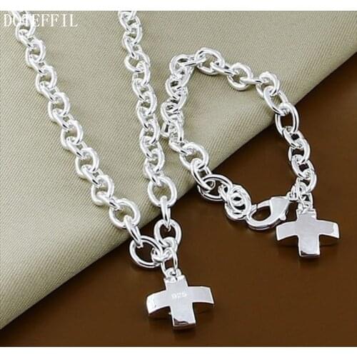 DOTEFFIL 925 Sterling Silver Cross 18 inches Chian Necklace 8 inches Bracelets Set For Women Wedding Engagement Party Jewelry