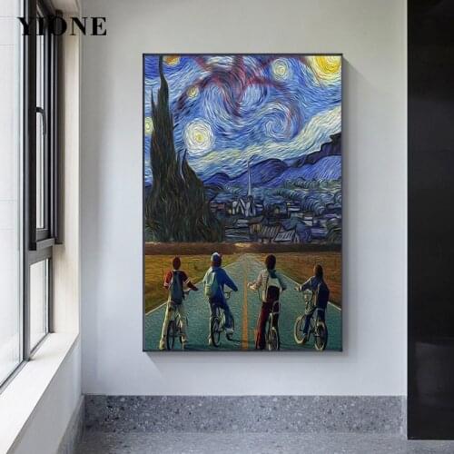 Starry Night Cycling Bike Boys Canvas Oil Painting Abstract Blue Sky Village Wall Art Poster Picture Prints Living Room Decor