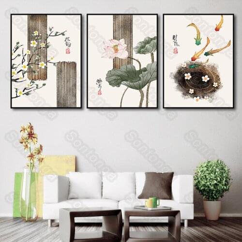 Fish Art Poster Bedroom Wall Layout Antique Self-Adhesive Painting Living Room Decoration Background Wall Chinese Style Wall