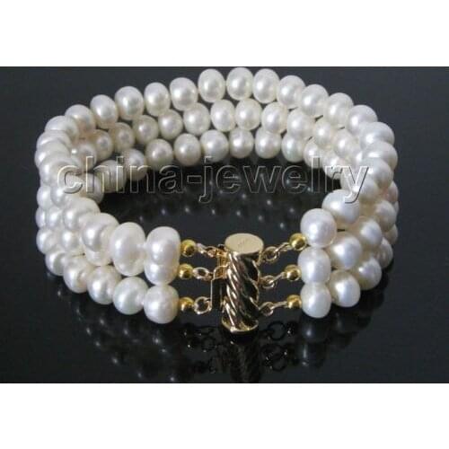 Beautiful 8" 3row 8mm white bread shape freshwater pearl bracelet-GP clasp@^Noble style Natural Fine jewe FREE SHIPPING