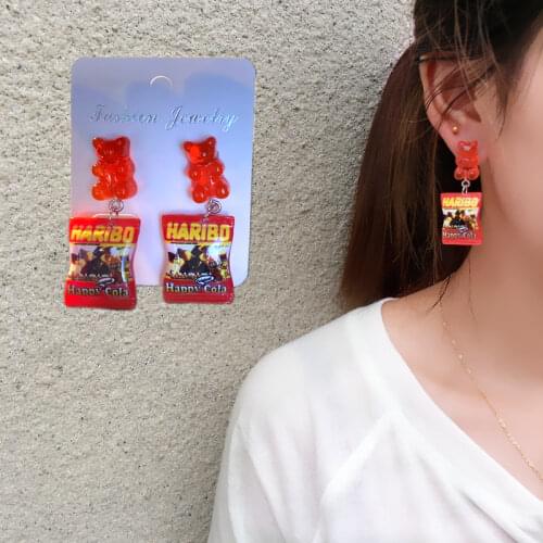Fashion Dangle Drop Earrings for Women Girl Funny Cartoon Animal Bear Earrings with Emulational Miniature Food Pendant Jewelry