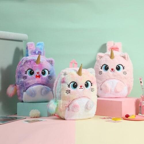 New Style Girls Cute Soft Cartoon Tie Dyed Kindergarten Kids School Bags Small Daycare Plush Cat Unicorn Backpack Wholesale