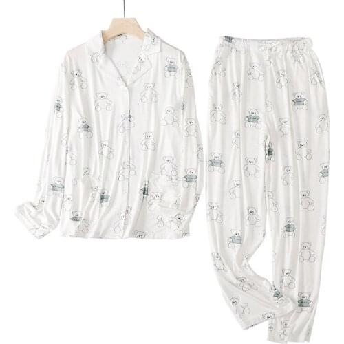 New style bear cotton pajamas, casual, comfortable and warm modal home wear, loose ladies long-sleeved trouser suit