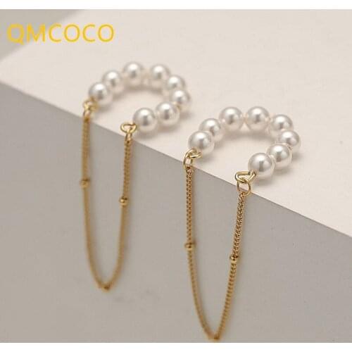 QMCOCO 925 Silver Pearl Tassel Ear Clip Woman Sweet Classic Ear Bone Clip Light Luxury Earrings INS 2021 New Style Trendy