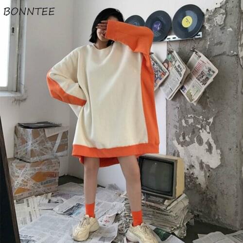 Hoodies Women Oversized Patchwork Full Sleeve O-Neck Casual Sweatshirts Thicken Big Size 4XL Korean Style Loose Pullovers Kpop