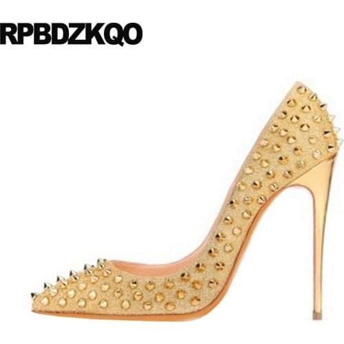 Pointed toe big size 10 42 stiletto ladies 8cm shoes gold party high heels glitter gun color pumps 12cm 5 inch evening rivet