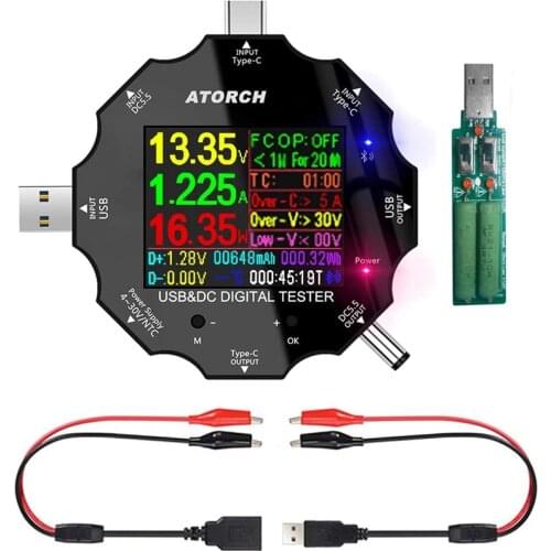 USB C Tester, 3 in 1 Type C DC5.5 USB Tester Color Screen IPS Digital Multimeter,Capacity Detector,with Clip Cable