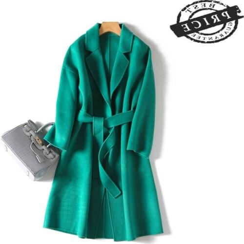 Spring Elegant Winter 100% Wool Coat Female Long Vintage Woolen Jacket Women Korean Casual Ladies Belt Blend Coats LW220a