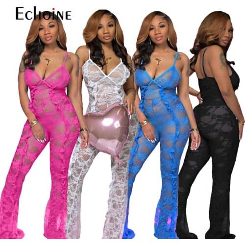 Echoine Women Solid Lace Sleeveless Bandage Shinny Pleated Sexy Lady birthday Party Beach Club Jumpsuits Flared trousers Rompers