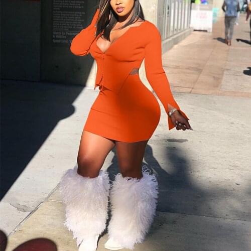 Two Piece Ribbed Dress Suits Long Sleeve Zipper Top & Bodycon Skirt Set