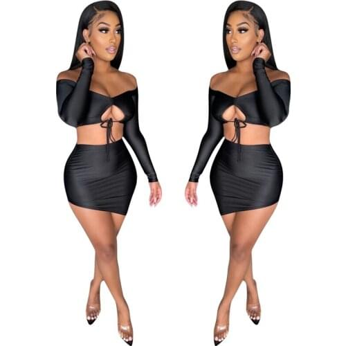 ZKYZWX Sexy Two Piece Club Outfits for Women Long Sleeve Crop Top Bodycon Mini Dress Y2k Clothes Wholesale Items Matching Sets