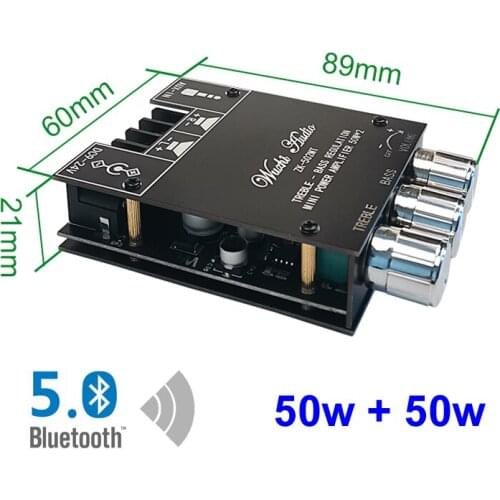 2*50W Bluetooth 5.0 Audio Digital Power Amp Bass Treble HiFi Stereo Class D Aux Wireless Music Player Amplifier Board