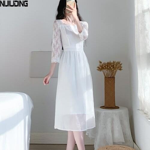 2021 Spring Summer Lace Patchwork Elegant Women Dresses Three Quarter Sleeve Square Collar Party White Dress Mujer Vestidos New
