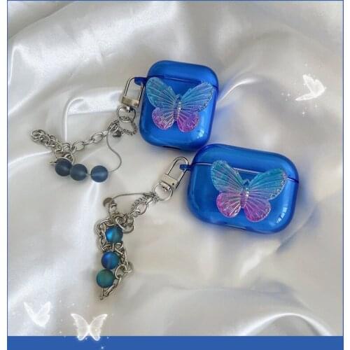 Earphone Case For AirPods Laser Butterfly Earphones Cover For AirPods 2 3 AirPods Pro Soft Protect Shell with Metal Bead Chain