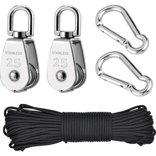 ELOS-2Pcs M25 Guide Pulley For Rope Single Pulley Block Hanging Wire Towing Wheel Roller Pulley 20M Pulley Line Rope