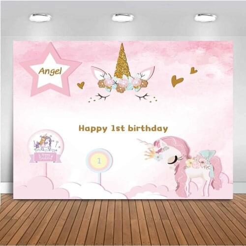 Angel Happy 1st Birthday Unicorn Theme Backdrops Pink Princess Girl Portrait Photo Backgrounds For Party Table Decor