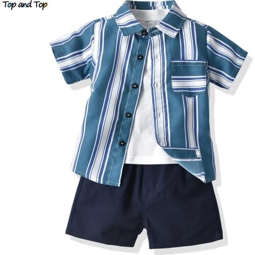 Top and top Fashion Toddler Boys Casual Clothing Set Kids Gentleman Striped Short Sleeve Shirt+Tshirt+Shorts 3Pcs Formal Outfits