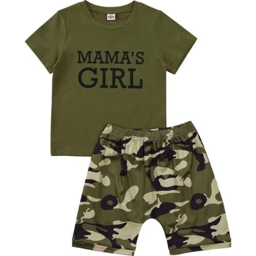 2021 Boys Girls Two-piece Clothes Set Army Green Round Collar Short Sleeve Tops and Shorts Clothing Set Summer Suit