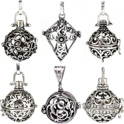 1pc Antique Silver Geometric Flower Ball Lava Rock Aroma Pendant Perfume Diffuser Boho Locket Pendant